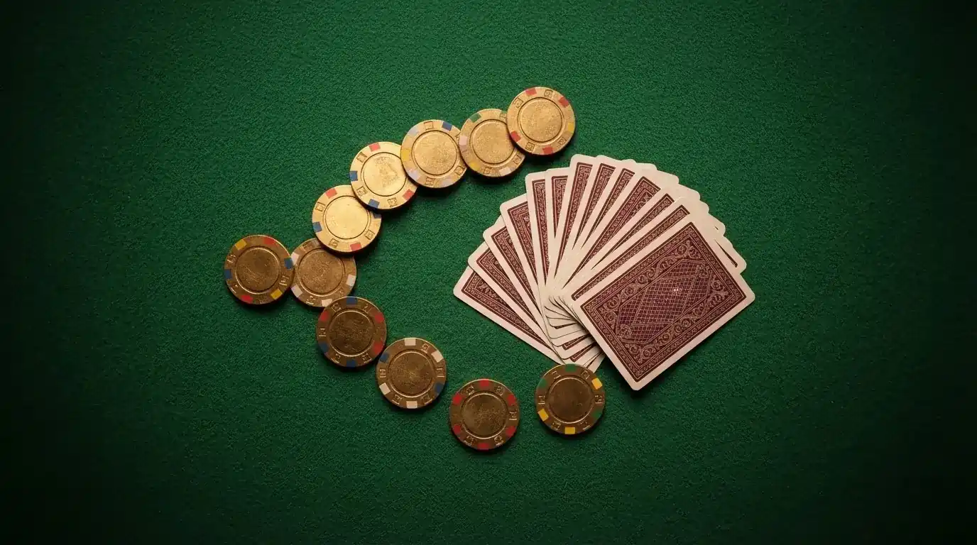 Vista cenital de fichas doradas y una baraja de cartas sobre una mesa de fieltro verde.