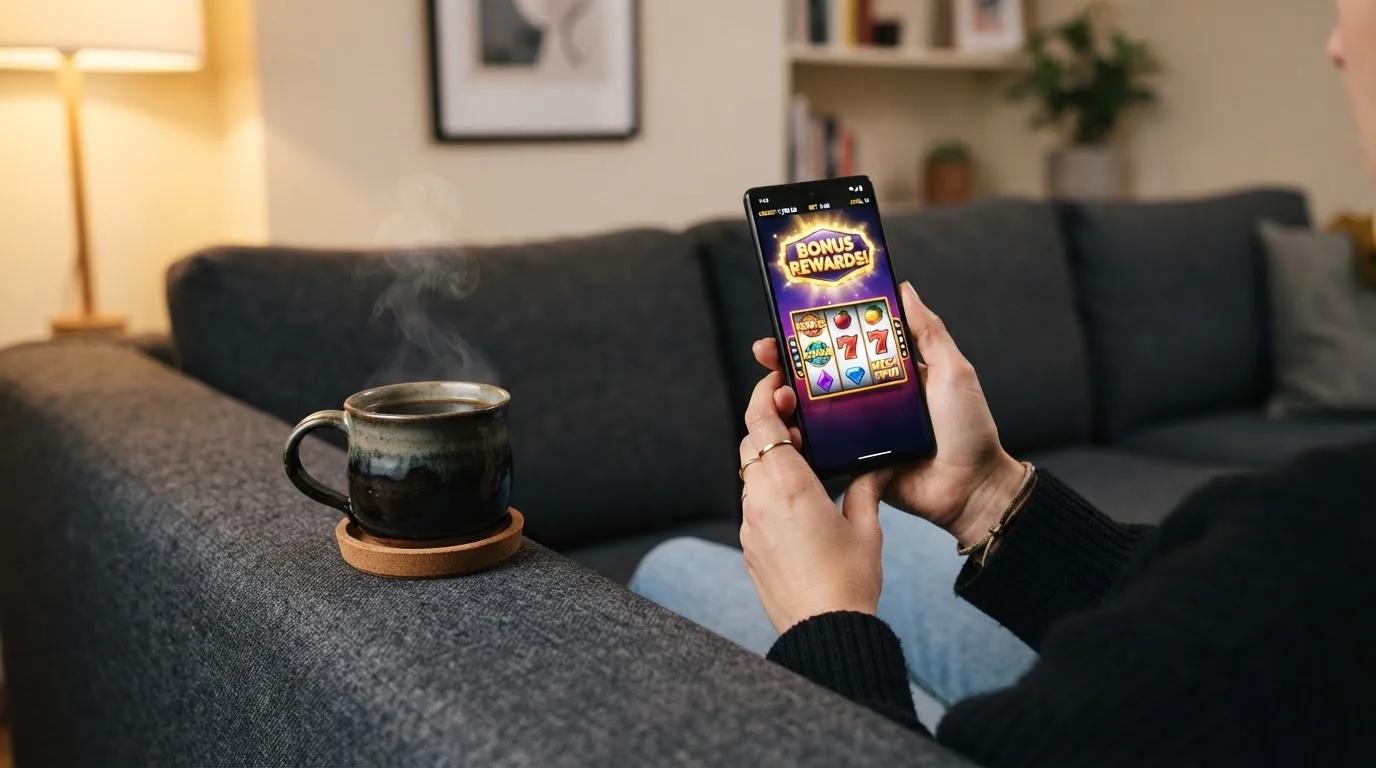 Manos sujetando un teléfono móvil sentadas en un sofá con una taza de café cerca.