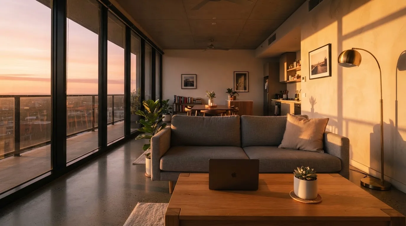 Vista panorámica de una sala de estar moderna con un sofá y grandes ventanales al atardecer.
